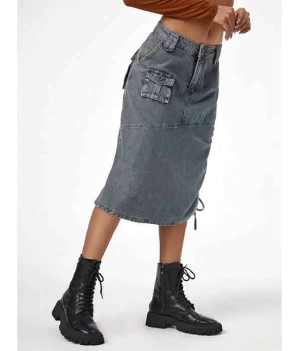 Cinched Side Pockets Denim Cargo Skirt