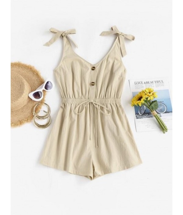 Solid Button Front Tie Shoulder Romper