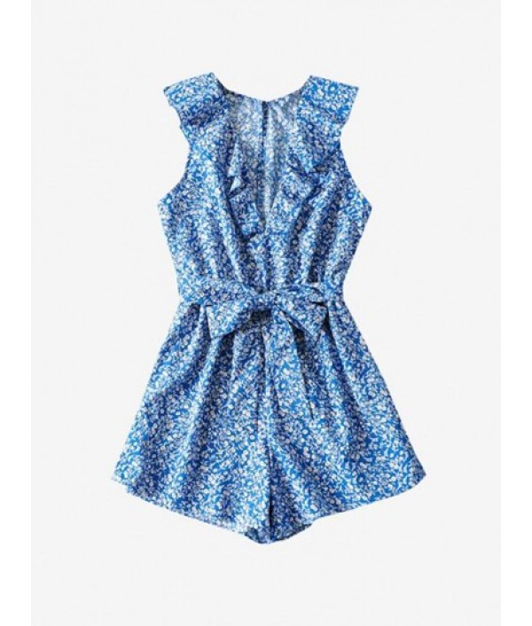 Ditsy Print Flounce Belted Plunging Romper