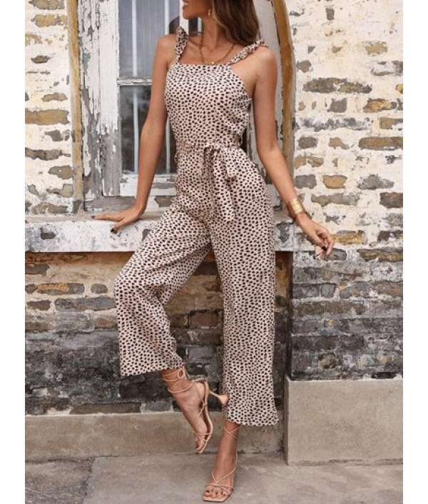 Animal Spotted Print Ruffles Belted Jumpsuit