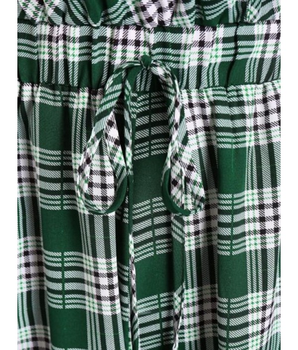 Plaid Backless Wide Leg Godet Romper