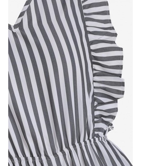 Tie Open Back Stripes Ruffles Wide Leg Jumpsuit