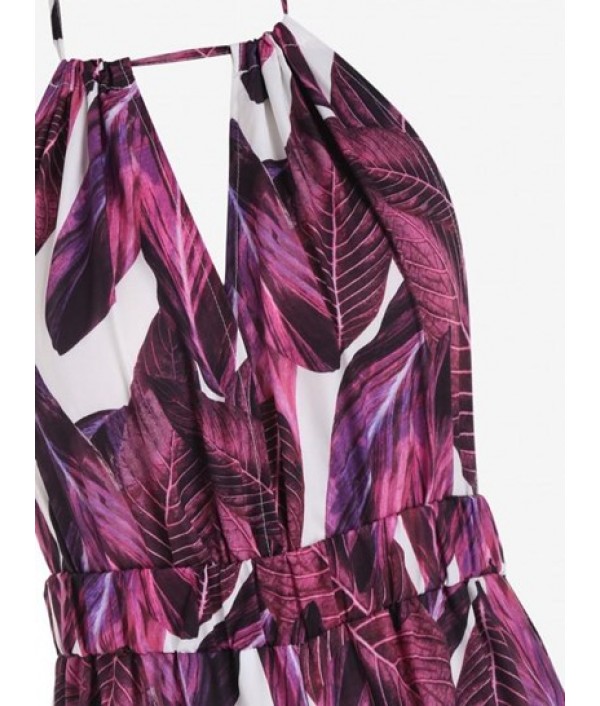 Leaves Print Halter Backless Wide Leg Jumpsuit