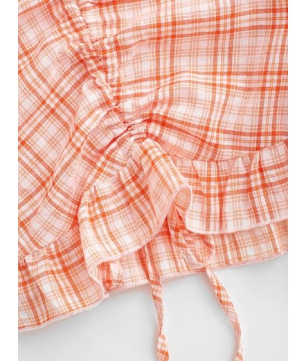 Gingham Cinched Ruffle Backless Romper