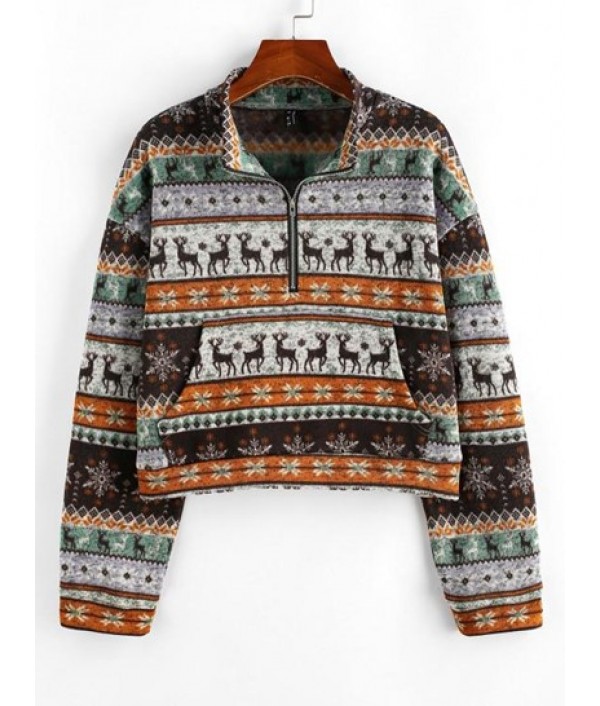 Christmas Elk Snowflake Half Zip Knit Sw...