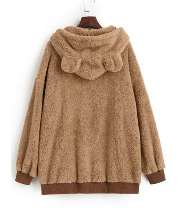 Faux Fur Bear Ear Pocket Fluffy Tunic Hoodie