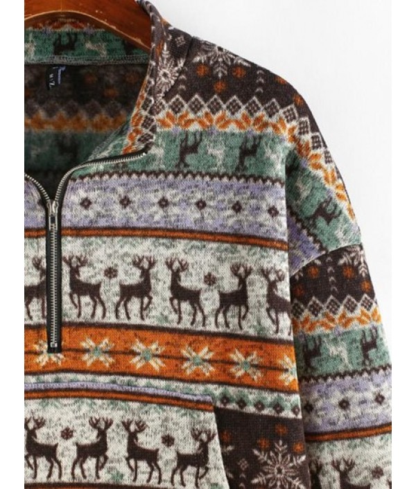 Christmas Elk Snowflake Half Zip Knit Sweatshirt