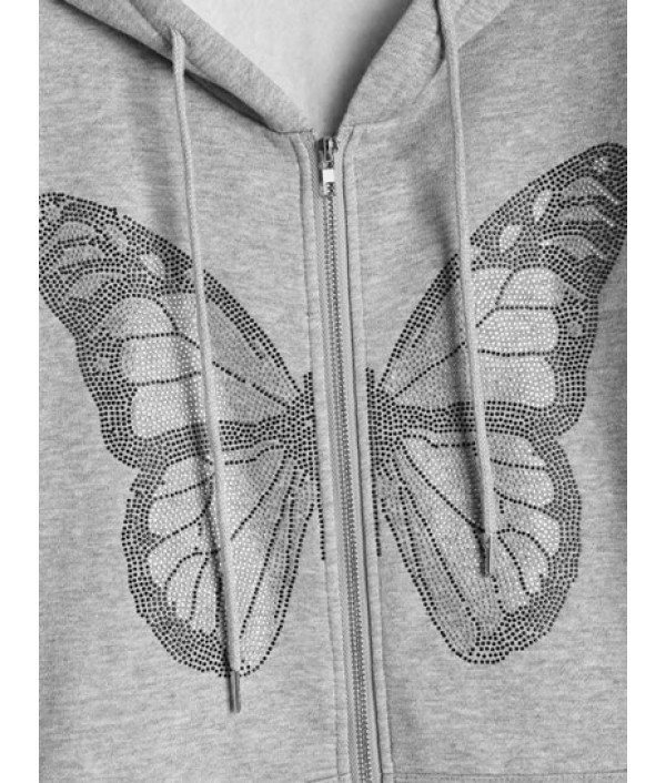 Pockets Zip Up Butterfly Rhinestones Hoodie