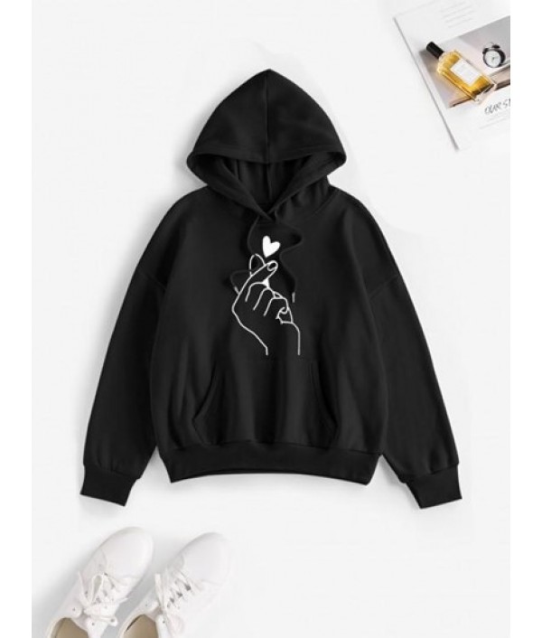 Heart Fingers Print Drop Shoulder Thermal Lined Hoodie