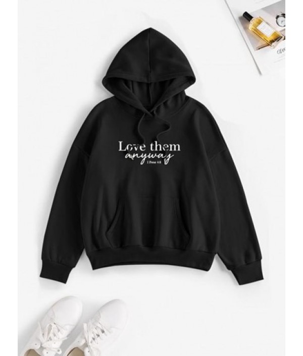 Slogan Print Drop Shoulder Thermal Lined Hoodie