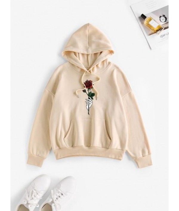 Hand Rose Print Drop Shoulder Thermal Lined Hoodie