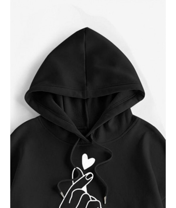 Heart Fingers Print Drop Shoulder Thermal Lined Hoodie