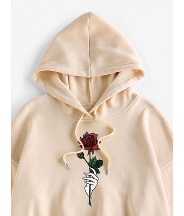 Hand Rose Print Drop Shoulder Thermal Lined Hoodie