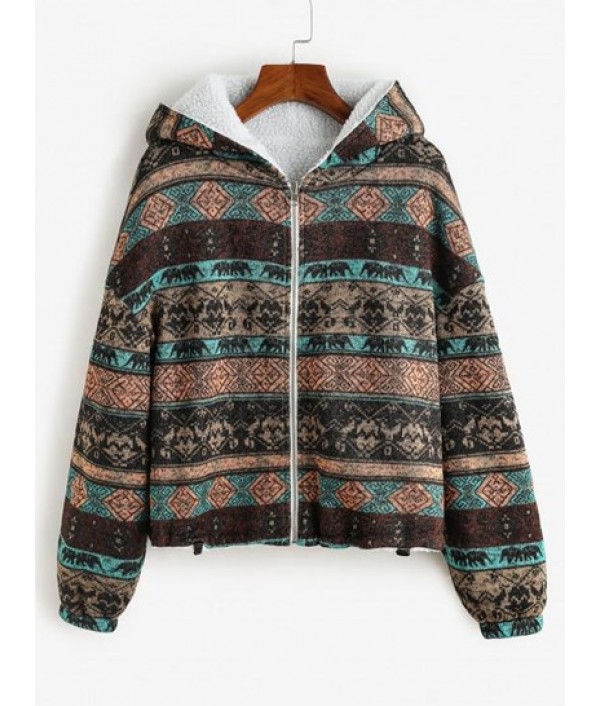 Hooded Tribal Print Faux Fur Lined Coat