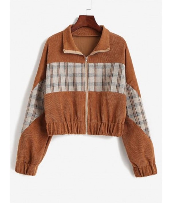 Plaid Panel Zip Up Corduroy Jacket