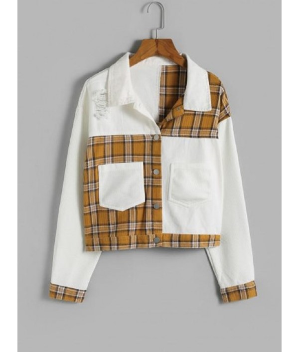 Ripped Plaid Panel Front Pockets Jacket