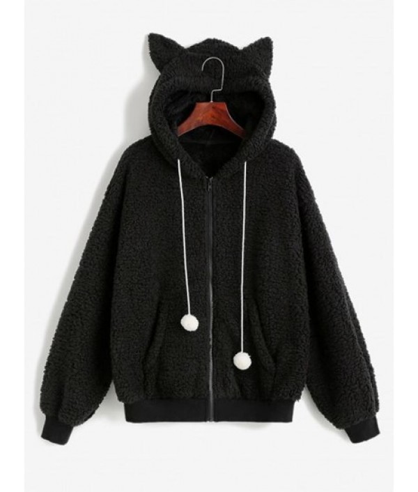 Hooded Faux Shearling Pompom Zip Teddy Coat