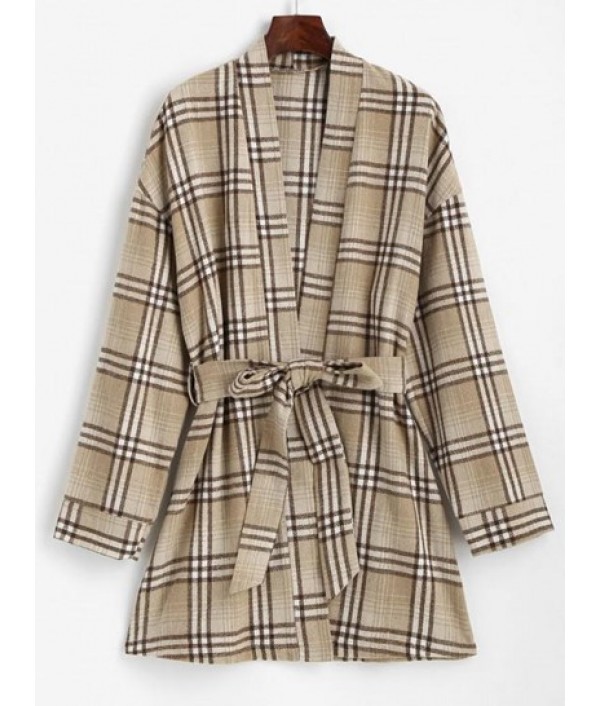 Belted Plaid Longline Robe Coa...