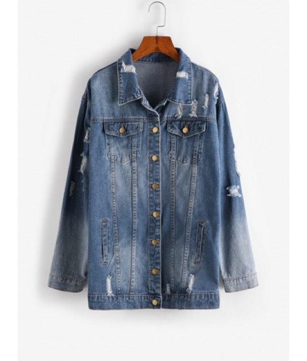 Drop Shoulder Distressed Denim Jacket