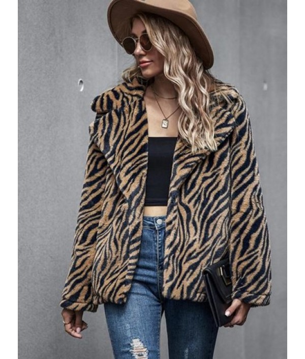 Zebra Fluffy Faux Fur Open Front Coat...