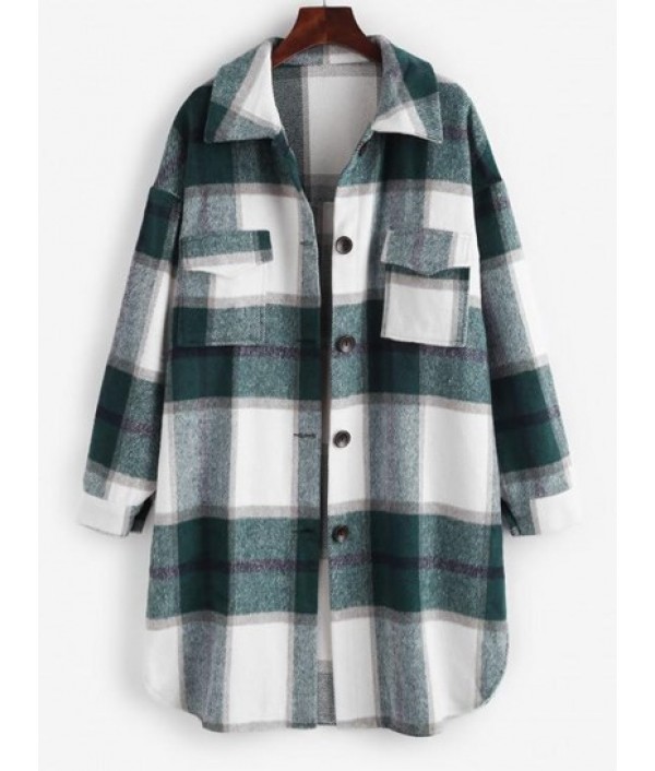 Plaid Front Pocket Wool Blend Coat