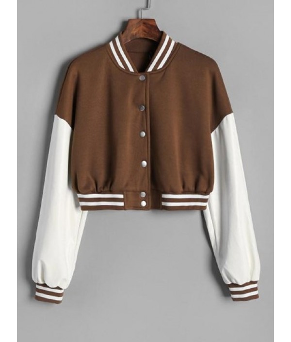 Cropped Fleece-lined Faux Leather Sleeve Baseball Jacket