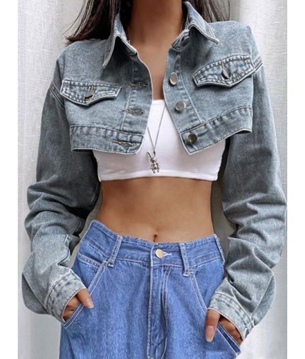 Flap Detail Micro Cropped Denim Jacket