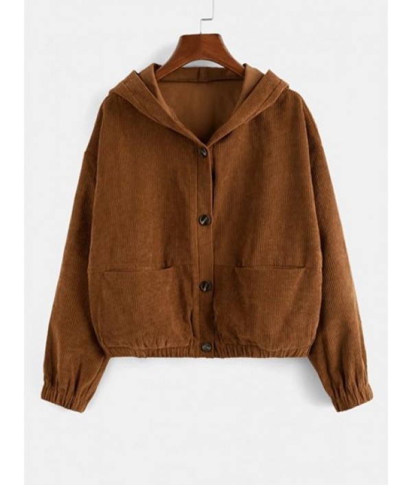 Corduroy Drop Shoulder Hooded Pocket Jac...