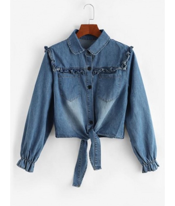 Tie Front Frilled Button Up Denim Jacket...