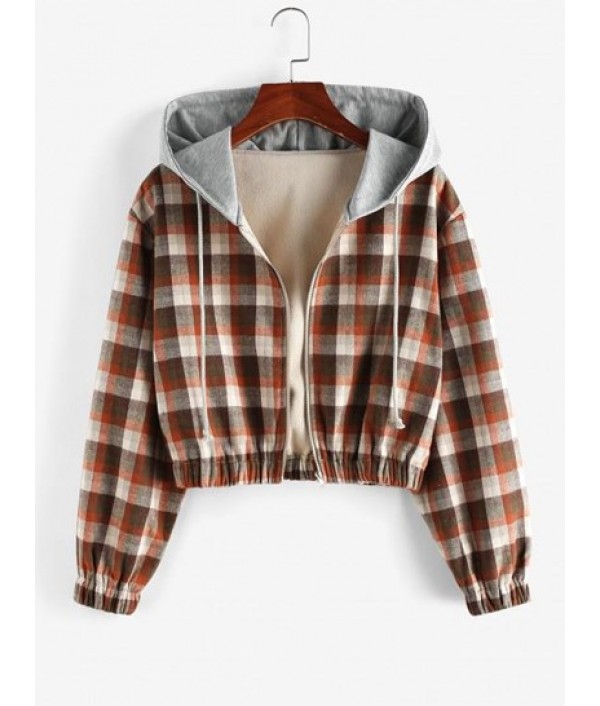 Hooded Plaid Fleece Lined Zip Jacket