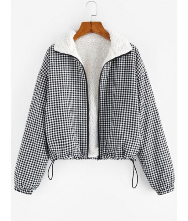 Gingham Drop Shoulder Faux Fur Lining Coat