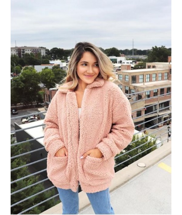 X Yasmine Bateman Pocket Zipper Drop Shoulder Fluffy Teddy Coat