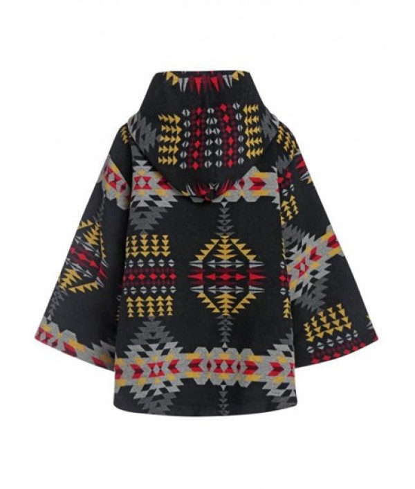 Hooded Tribal Jacquard Wool Blend Coat