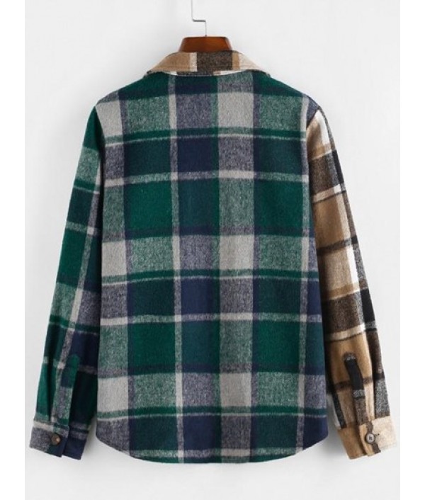 Color Blocking Plaid Checked Flannel Chest Pocket Shacket