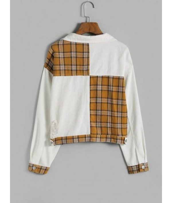 Ripped Plaid Panel Front Pockets Jacket