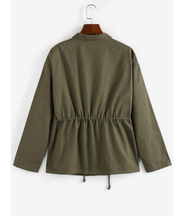 Drop Shoulder Drawstring Waist Pockets Jacket