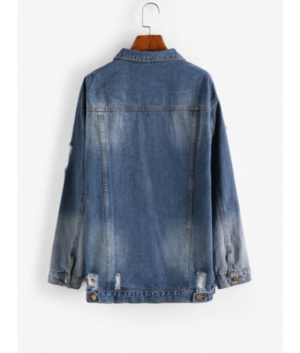 Drop Shoulder Distressed Denim Jacket