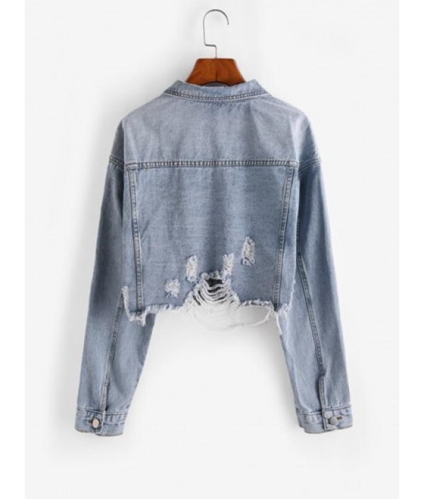 Frayed Distressed Drop Shoulder Denim Jacket