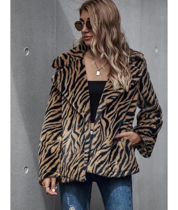 Zebra Fluffy Faux Fur Open Front Coat