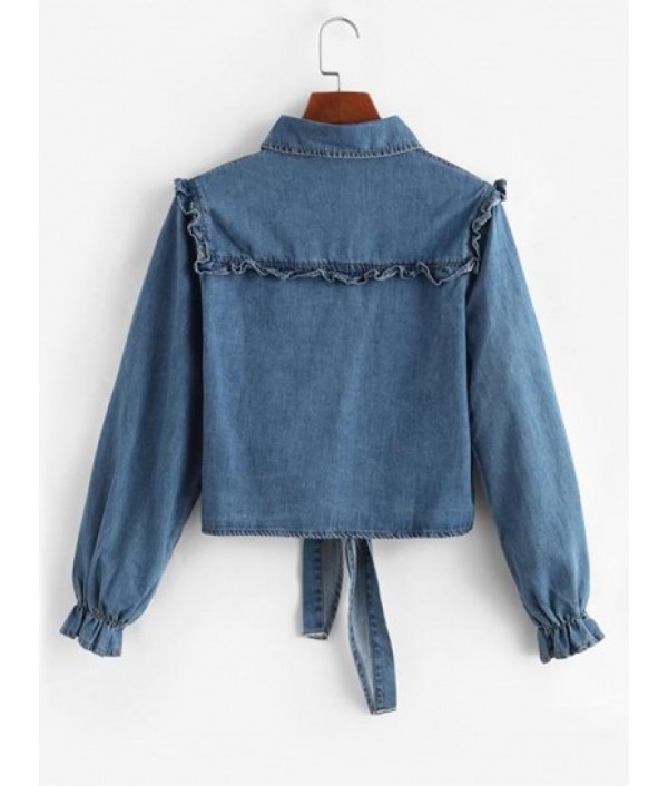 Tie Front Frilled Button Up Denim Jacket