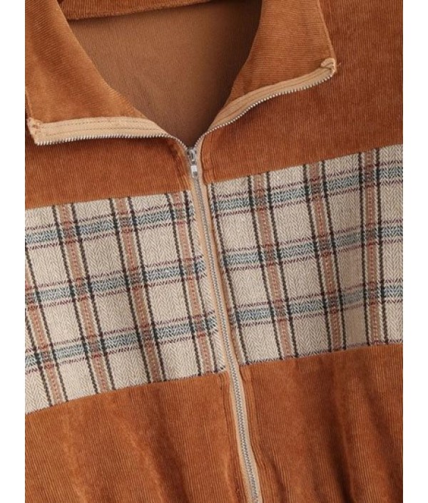 Plaid Panel Zip Up Corduroy Jacket