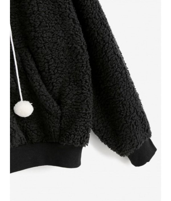 Hooded Faux Shearling Pompom Zip Teddy Coat