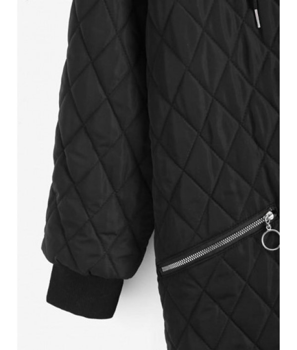 Long Hooded Zippered Pockets Quilted Coat