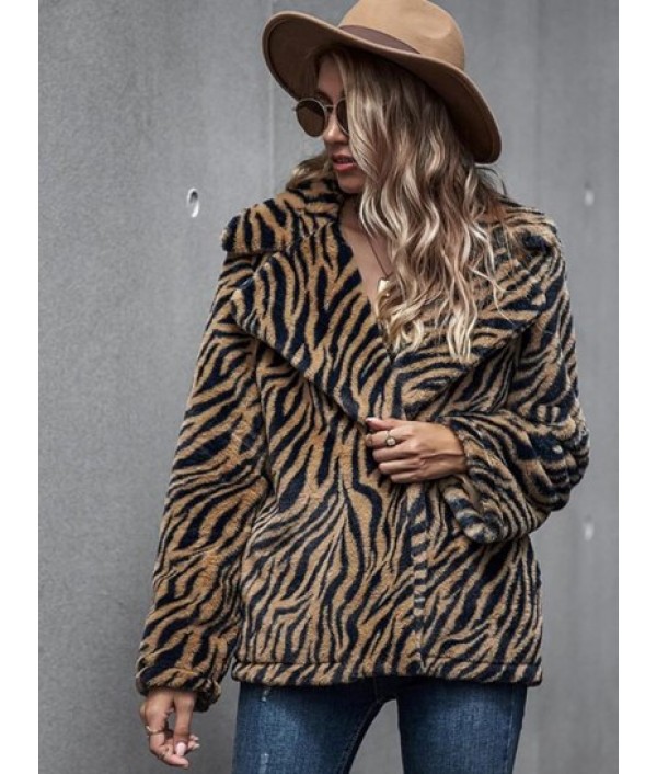 Zebra Fluffy Faux Fur Open Front Coat