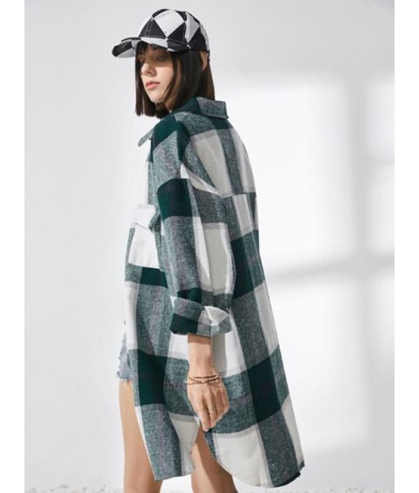 Plaid Front Pocket Wool Blend Coat