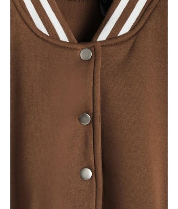 Cropped Fleece-lined Faux Leather Sleeve Baseball Jacket