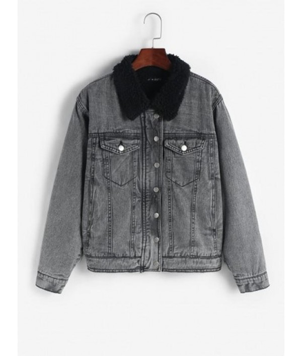 Faux Shearling Lined Pocket Zip Denim Jacket