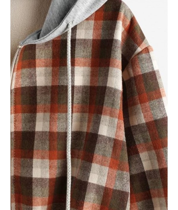 Hooded Plaid Fleece Lined Zip Jacket