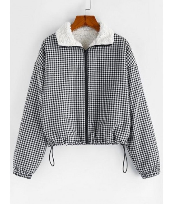 Gingham Drop Shoulder Faux Fur Lining Coat