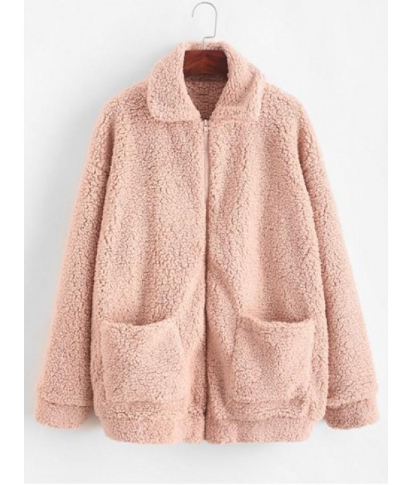 X Yasmine Bateman Pocket Zipper Drop Shoulder Fluffy Teddy Coat